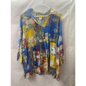 Ruby Rd. Women's 1X Bohemian Style V-Neck Collard Gold, Rust Blue,  Floral Tunic